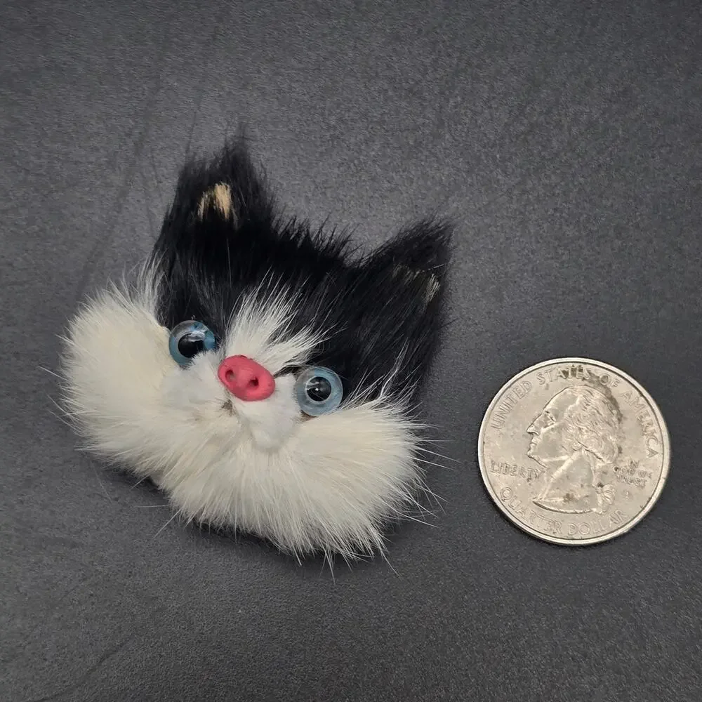 Furry Black White Cat Brooch Hand Crafted Vintage Jewelry